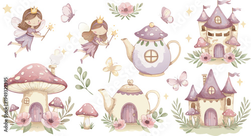 Whimsical illustration of fairy tale castles and mushrooms with flowers and princesses