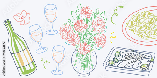 A colorful line drawing of a celebratory meal with flowers and drinks