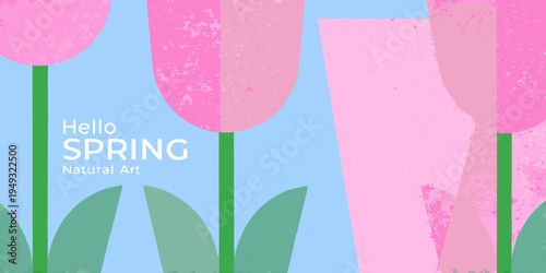 Stylized pink tulips and text announcing the arrival of spring