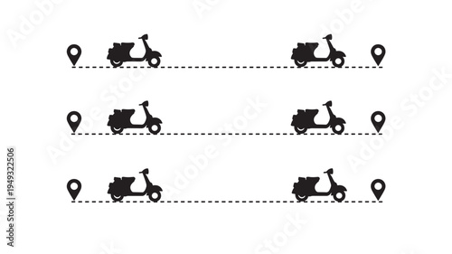 Scooter icons with location pins and dashed lines, symbolizing travel routes and destinations on a white background