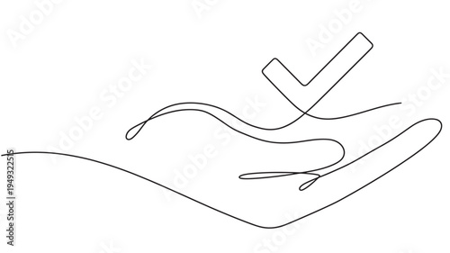 Hand icon with a checkmark in a simple continuous line drawing, representing approval or success. featuring tick, yes, accept with agree and done
