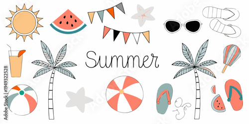 A colorful summer illustration featuring various beach and sun related items