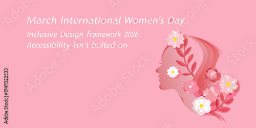 International women s day graphic with floral elements and a woman s profile