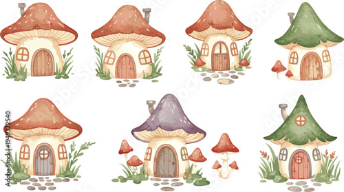 Whimsical watercolor mushroom houses with gardens and floral surroundings