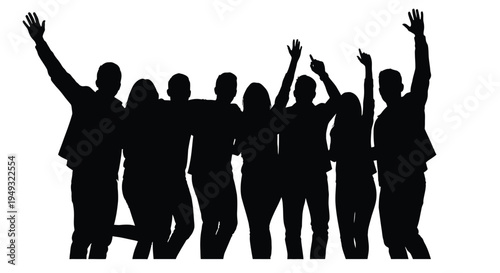Group of people celebrating with arms raised in a dark silhouette