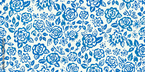 Blue and white floral pattern with stylized rose and botanical elements