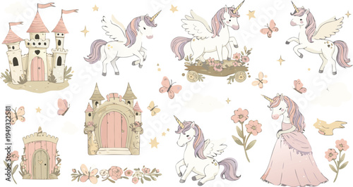 Whimsical fantasy illustrations of fairy tale castles and princesses with magical creatures