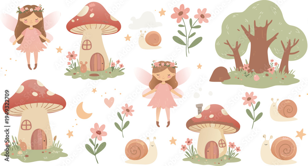 Fototapeta premium Whimsical illustration of girls and mushrooms in a forest with flowers and trees