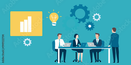 Business team meeting with data analysis and innovative ideas concept