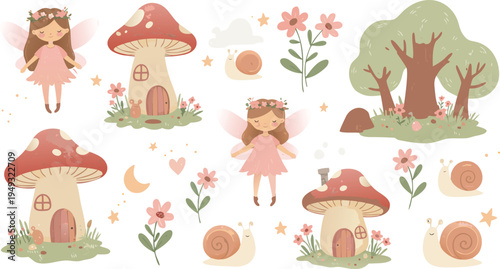 Whimsical illustration of girls and mushrooms in a forest with flowers and trees