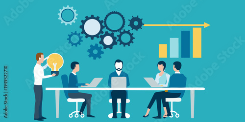 Teamwork generates ideas and business growth illustrated with gears and charts