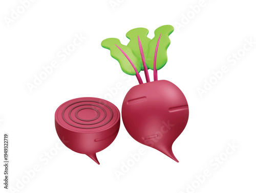 Beetroot with Leaves and Sliced Half icon 3d rendering illustration