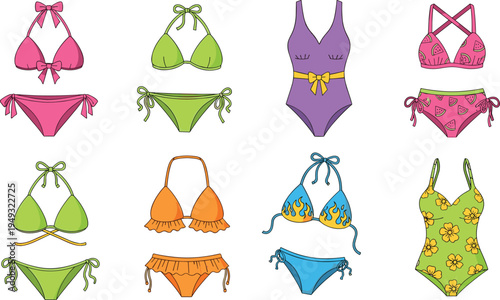 women swimwear collection vector illustration, colorful bikini and one piece swimsuits set, summer beach fashion clothing, trendy bathing suits design