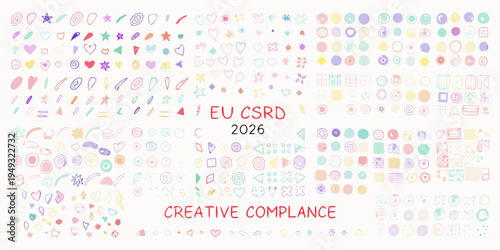 Colorful hand drawn doodles and shapes with text regarding creative compliance