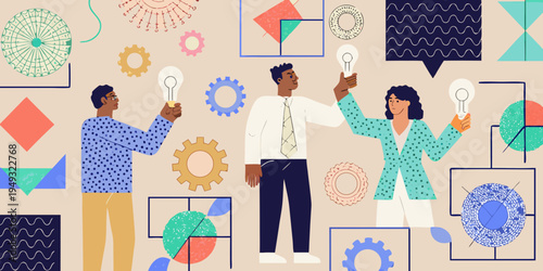 Diverse team collaborates generating ideas with lightbulbs and abstract shapes