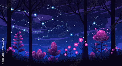 Whimsical Night Scene with Constellations and Pink Plants