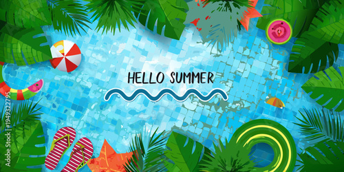 A vibrant summer scene with pool water tropical leaves and decorations