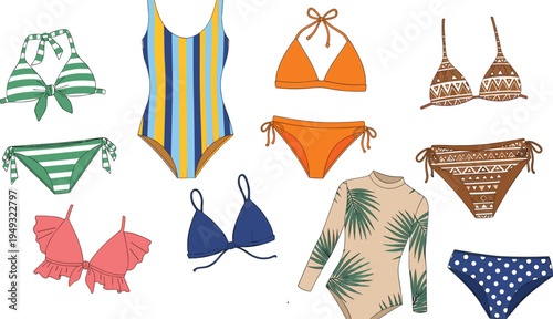 women swimwear collection vector set, bikini and one piece swimsuit illustrations, summer beach fashion clothing bundle, colorful trendy bathing suits design