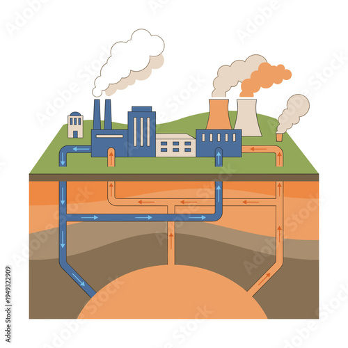 Industrial illustration of geothermal energy production with pipes and power plants