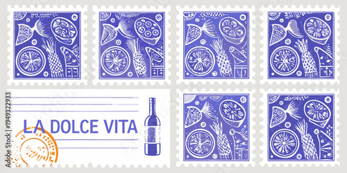 Vintage style postage stamps featuring fruit fish and italian motifs