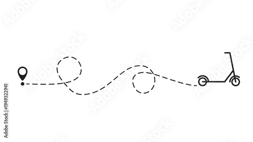 Scooter icon with a dashed line route and a location pin symbolizing movement and travel from origin to destination.