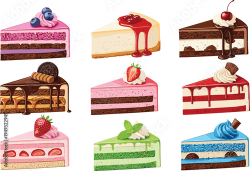Assorted cake slices collection with chocolate strawberry blueberry cheesecake and layered desserts vector illustration set