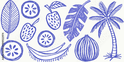 Stylized botanical illustration featuring tropical fruits and foliage