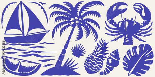 Nautical themed illustration featuring a sailboat lobster and tropical foliage