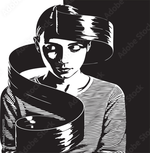 Woman with film strip wrapped around head and body in dramatic lighting