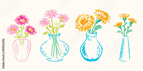 A colorful sketch of three vases filled with various blooming flowers