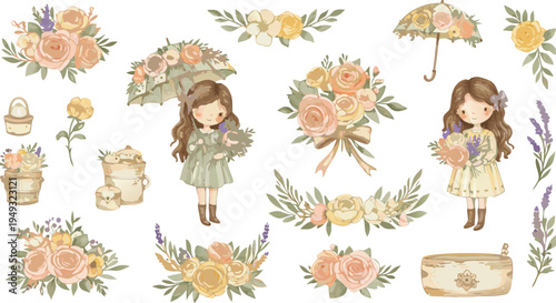 Whimsical illustrations of young girls surrounded by flowers and floral arrangements in soft pastel colors on white background
