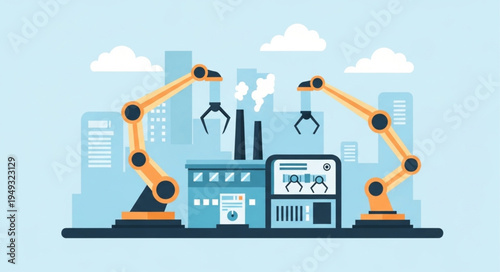 Automated Factory with Robotic Arms and Control Panel.