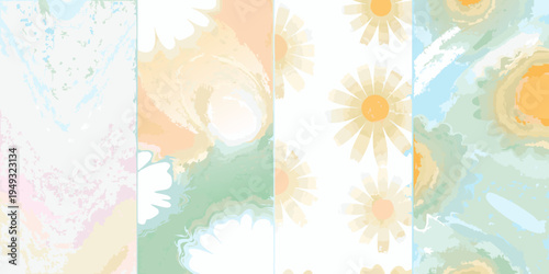 Abstract floral patterns in pastel watercolor washes and swirls