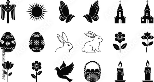Easter and Christian holiday icon collection featuring church, bunny, eggs, candle and dove symbols isolated seasonal illustration set