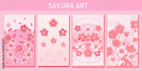 Four panels displaying delicate pink sakura flower arrangements