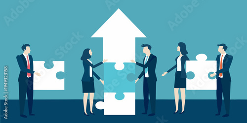 Business professionals collaborating to complete a puzzle representing growth