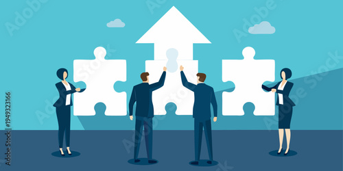 Business team collaborating to complete a puzzle with an upward trajectory