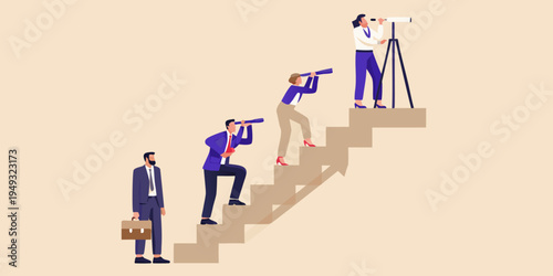 People climbing stairs using telescopes and seeking a better future