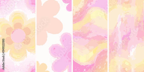 Abstract watercolor floral patterns in shades of pink yellow and peach