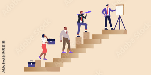 Business people climbing stairs towards a presentation and career success