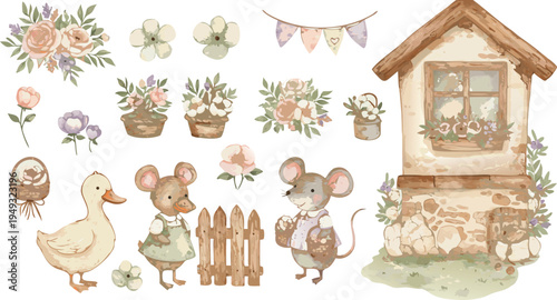 Whimsical illustration of farm animals and plants around a charming house