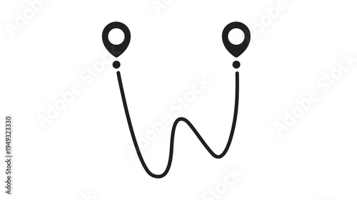 Map location pins connected by a winding line illustrating a route between two points on a white background.