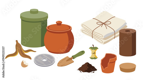 An isometric collection of items for composting, such as a bin, food scraps, and gardening tools, is displayed on a white background.