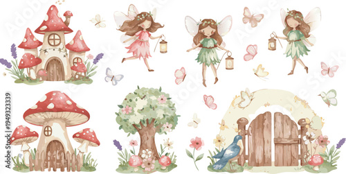 Whimsical illustrations of fairies and fantasy elements in nature