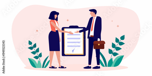 Business professionals completing a deal with a handshake and digital document