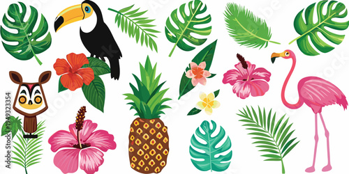 Tropical illustration featuring toucan flamingo and lush foliage