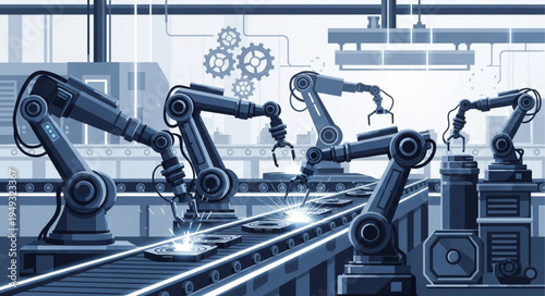 Robotic Arms Working on Assembly Line in Factory.