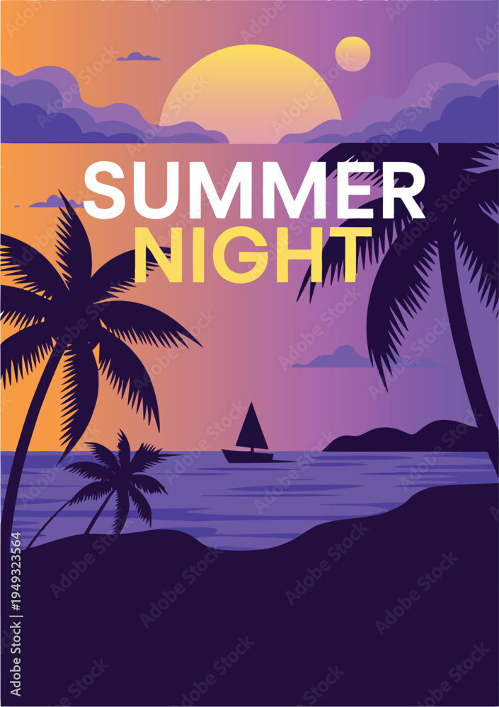 Fototapeta premium Summer and Beach Party Poster Design with Tropical Palm Tree, Invitation Flyer Template Featuring Bright Tropical Elements, Vector Illustration for Summer Events, Pool Parties and Vacation Promotions