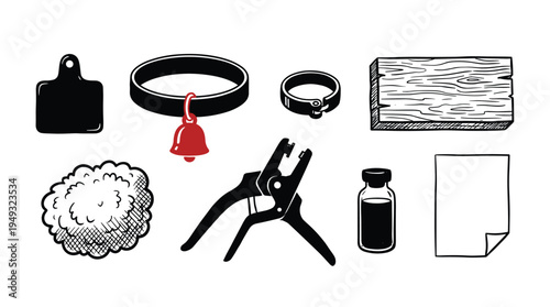 A set of black and white illustrated livestock management tools, including an ear tag, a collar with a red bell, and pliers, is displayed.