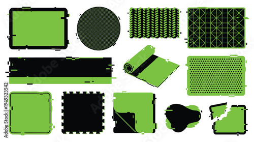 A collection of black and lime green geometric frames, textures, and a rolled mat is presented with a digital glitch distortion effect.